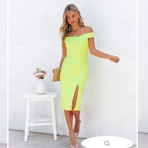 Vividly glowing off the shoulder midi lime dress